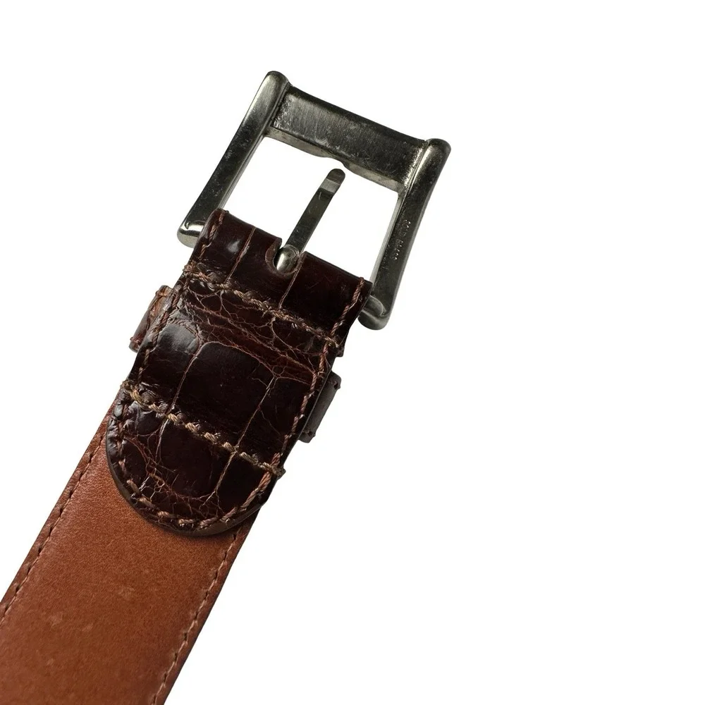 Bespoke Dark Brown Caiman Crocodile Brass Buckle Mens Belt Size 38 NWOT